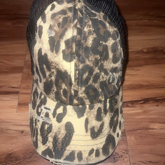 C.C. Leopard Print Trucker Hat Crisscross Ponytail Distressed Mesh Back Cap - Picture 6 of 9